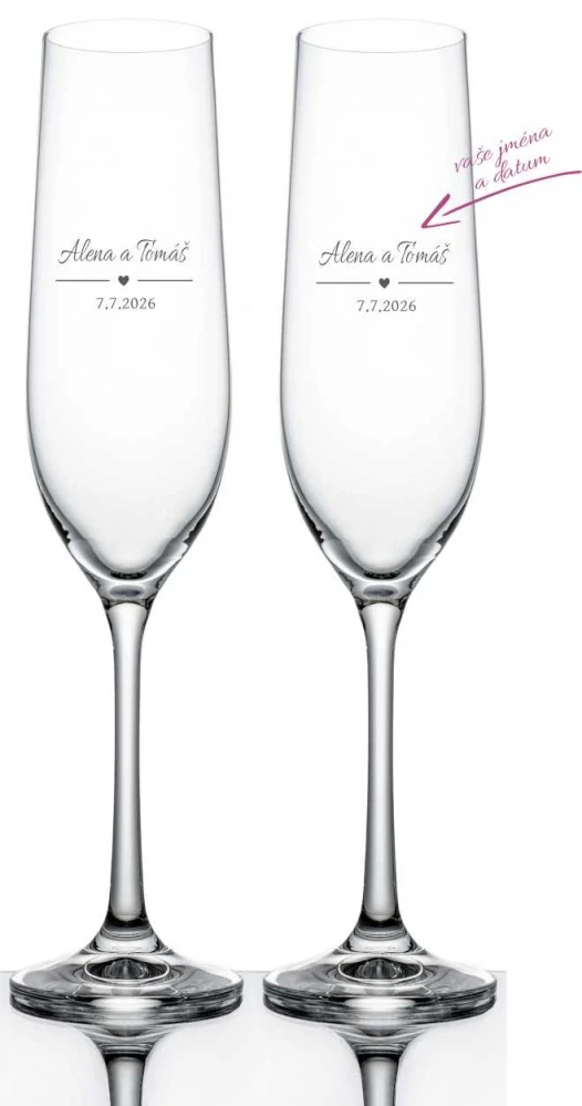 Svatební skleničky na sekt Srdce se jmény, 2 ks