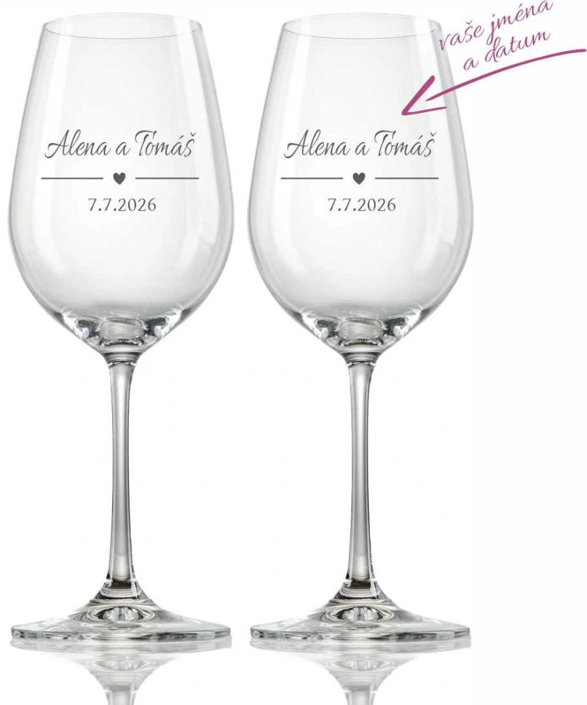 Svatební skleničky na víno Srdce se jmény, 2 ks