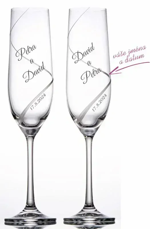 Svatební skleničky na sekt ručně broušené Jména, 2 ks