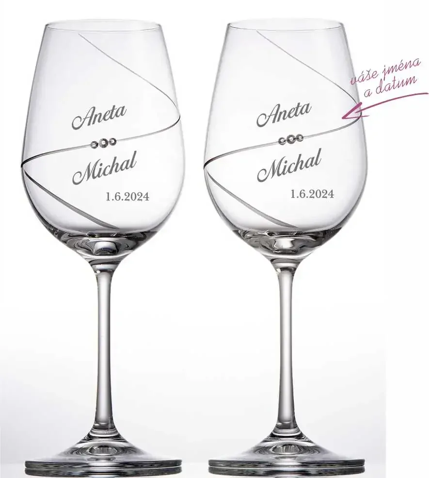 Svatební skleničky na víno ručně broušené s kameny Preciosa 350 ml, 2 ks