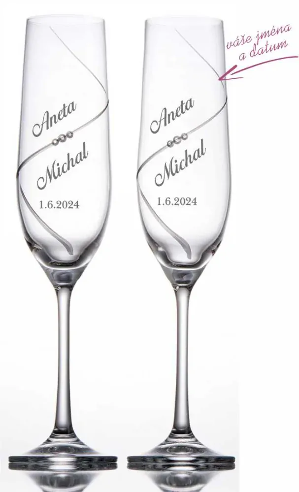 Svatební skleničky na sekt ručně broušené s kameny Preciosa, 2 ks