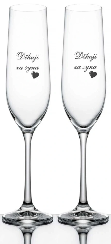 Svatební skleničky na sekt Děkuji za syna s datem svatby na dýnku, 2 ks