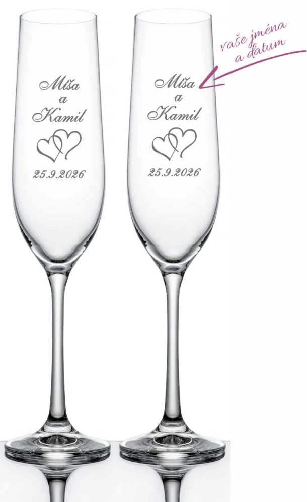 Svatební skleničky na sekt Srdce dvojité, 2 ks