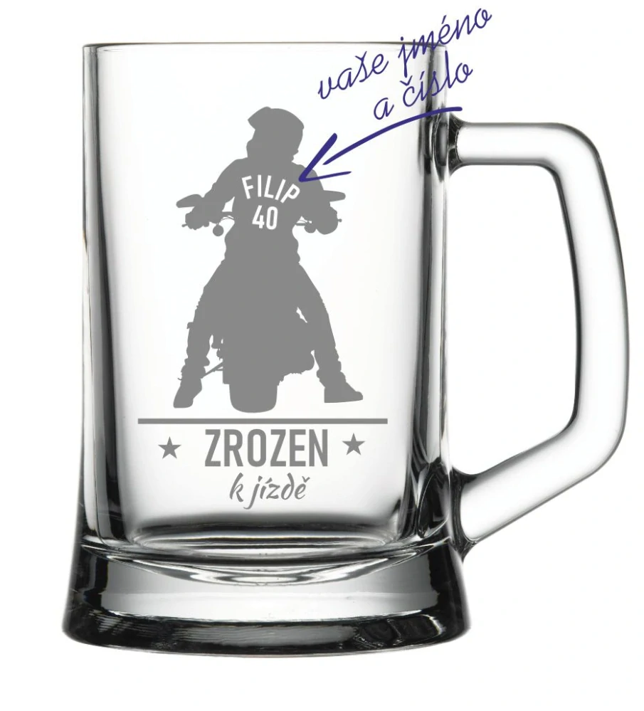 Půllitr s pískovaným motivem "ZROZEN K JÍZDĚ"