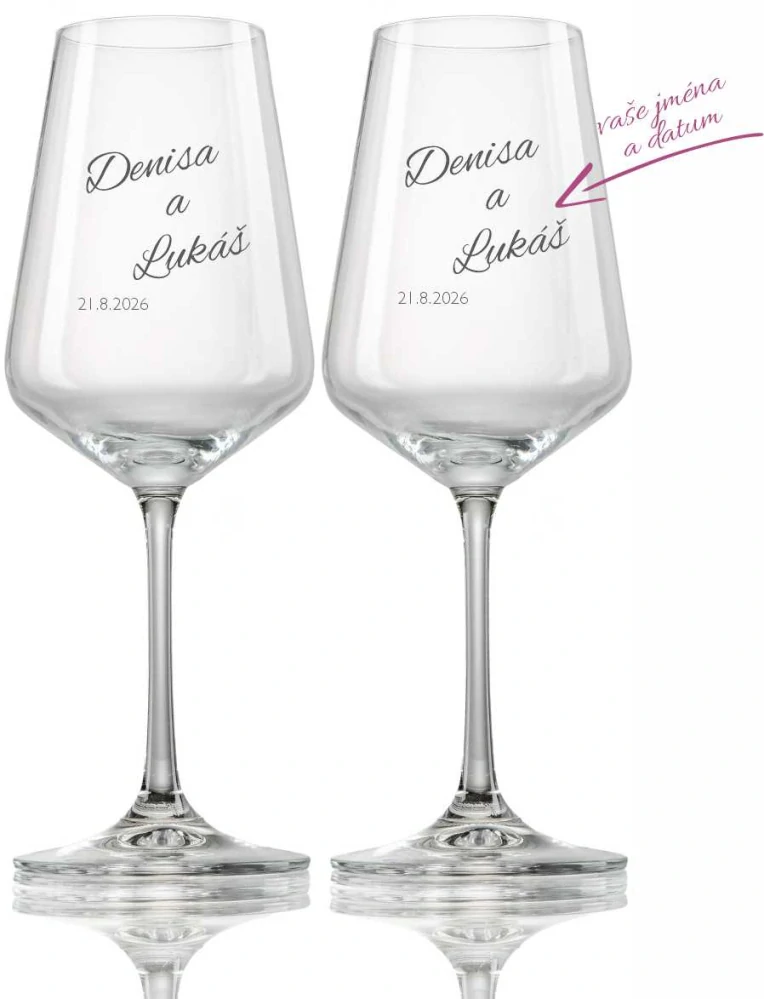 Svatební skleničky na víno se jmény a datem svatby, 2 ks