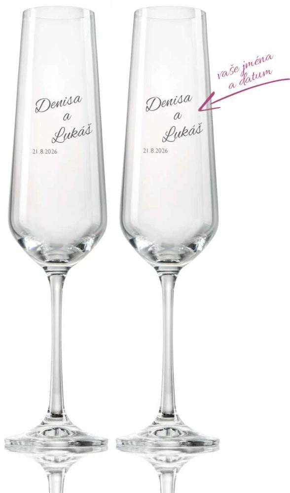 Svatební skleničky na sekt se jmény a datem svatby, 2 ks