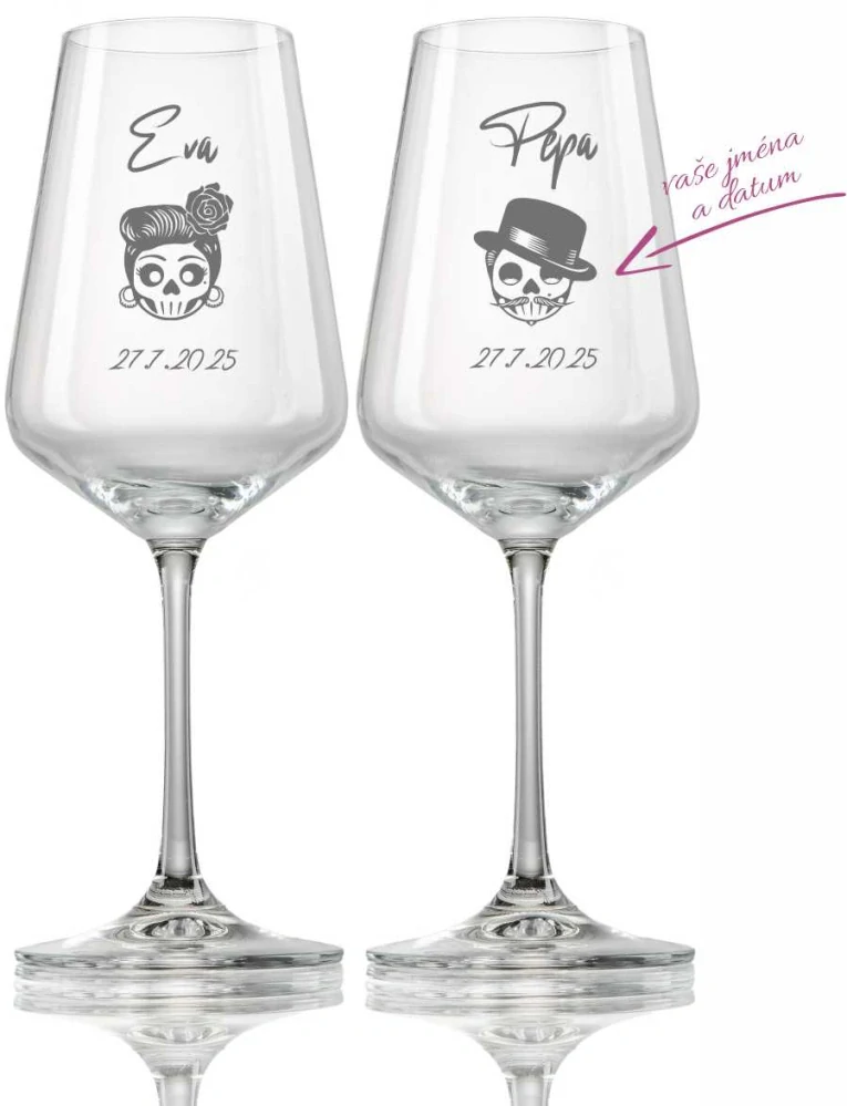 Svatební skleničky na víno Lebky se jmény a datem svatby, 2 ks