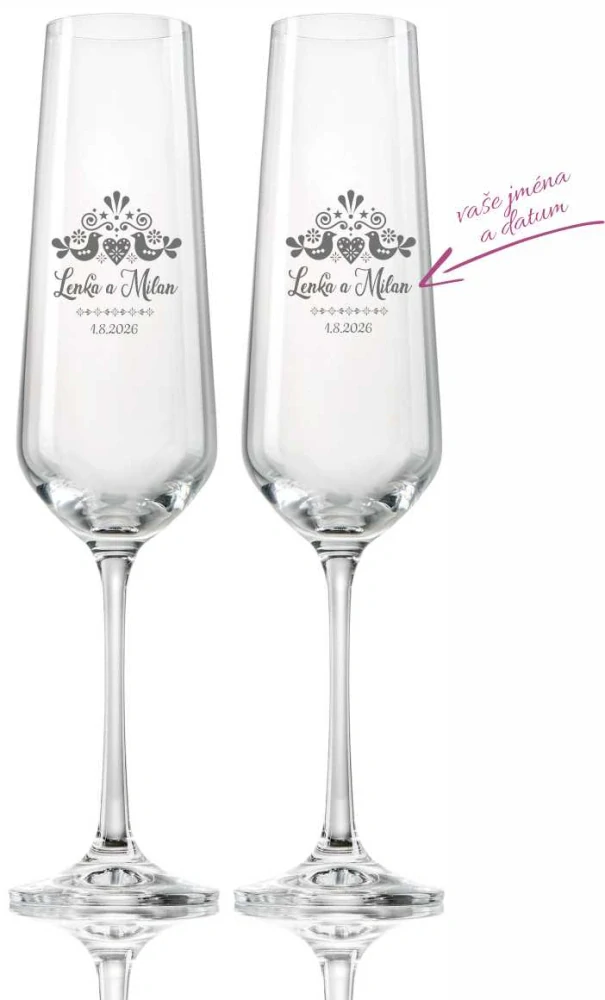 Svatební skleničky na sekt Folklor se jmény a datem svatby, 2 ks
