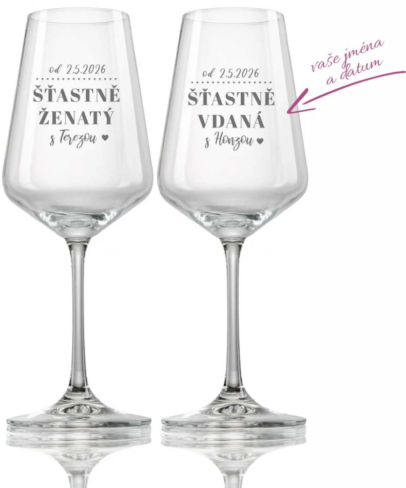 Svatební skleničky na víno Šťastně vdaná/ženatý, 2 ks
