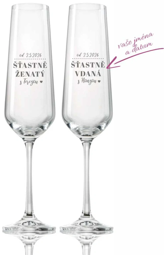 Svatební skleničky na sekt Šťastně vdaná/ženatý, 2 ks