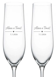 Svatební skleničky na sekt Srdce se jmény, 2 ks