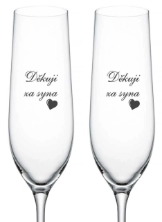 Svatební skleničky na sekt Děkuji za syna s datem svatby na dýnku, 2 ks