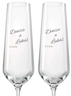 Svatební skleničky na sekt se jmény a datem svatby, 2 ks