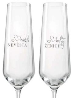 Svatební skleničky na sekt s veselým textem, 2 ks