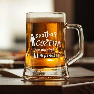 Půllitr s pískovaným motivem "SVATBA, COŽE?"